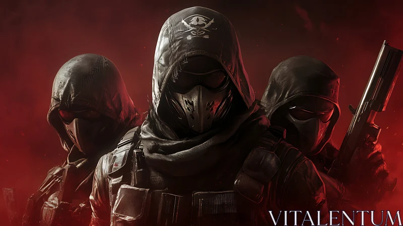 Hooded tactical trio pose against red atmospheric background
