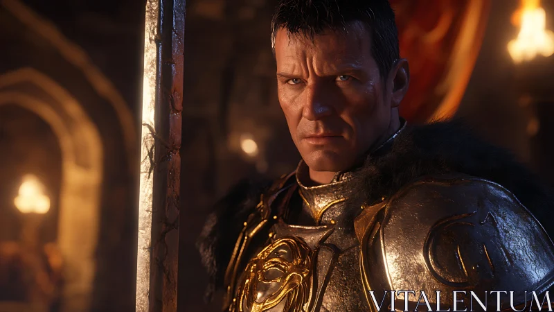 Armored knight under warm volumetric lighting examines battle-worn blade