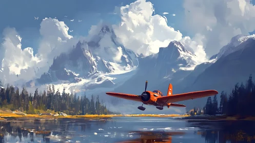 Orange bush plane skimming a quiet alpine lake at dusk.