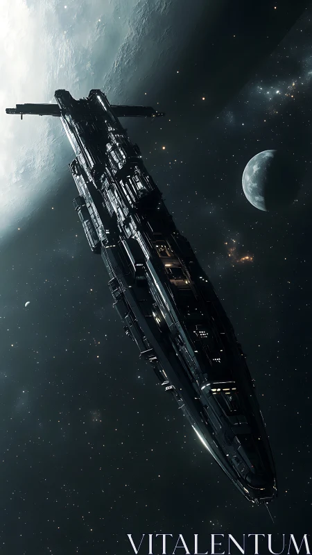 Elongated modular star cruiser in orbital transit near cratered moon