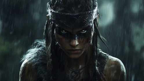 Warrior’s glare under stormy rain in cinematic close-up.
