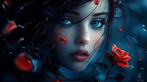 Midnight rose muse with ocean eyes in drifting petals.