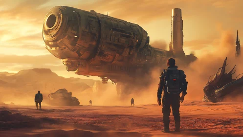 Desert astronauts watch a colossal starship breathe dust