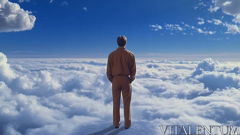 Solitary figure overlooking luminous cloud horizon sky.