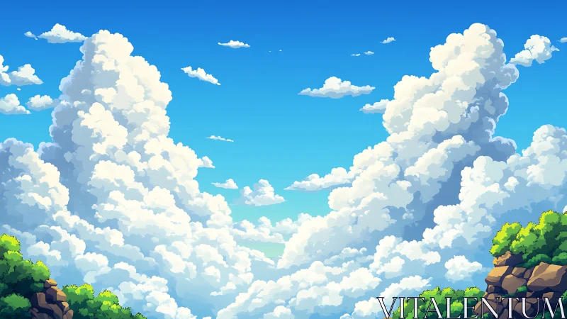 Towering cumulus clouds over bright pixelated landscape.