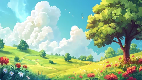 Sunlit meadow landscape with wildflowers and lone tree.