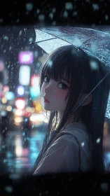 Nocturnal anime portrait under neon rain-soaked umbrella.