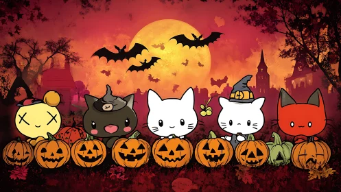 Cartoon Characters Arranged Before Full Moon With Bats and Silhouetted Pumpkins