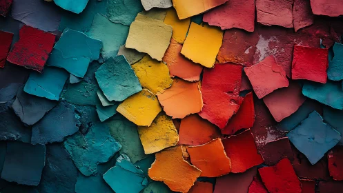 Shattered rainbow tiles collide in a textured color storm.