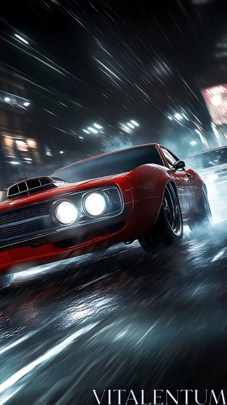 Red street predator slicing neon rain at midnight speed.