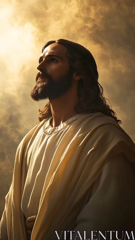 Bearded robed man gazes toward radiant golden light