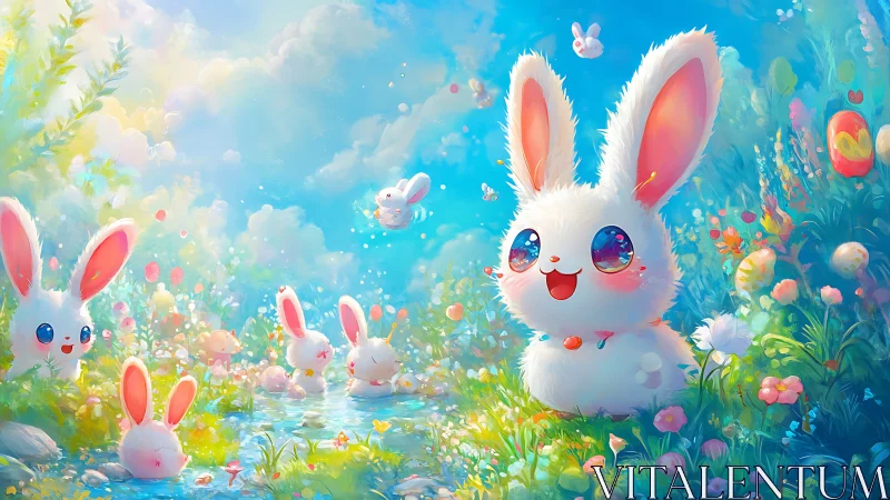 Joyful pastel bunnies play in a dreamy spring meadow