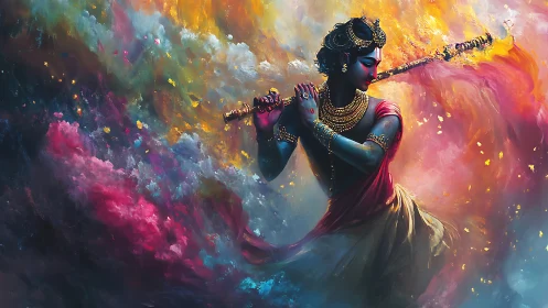 Divine flute player emerges within swirling cosmic clouds