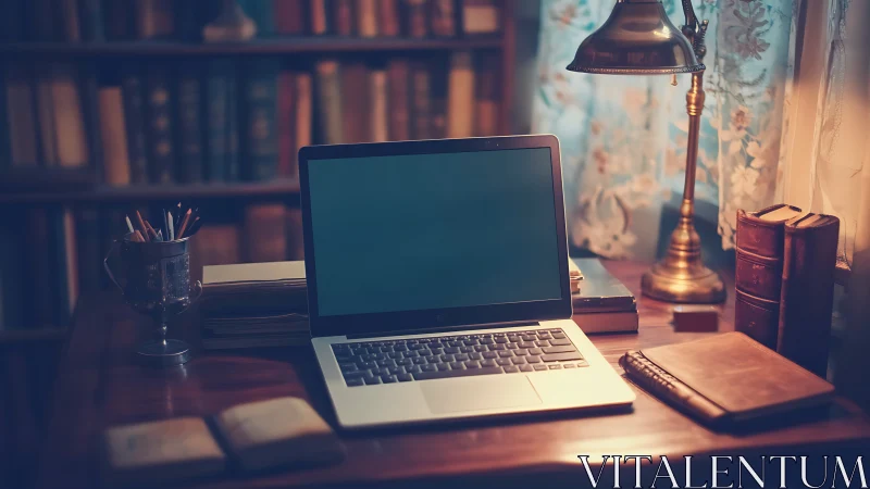 Cozy writing desk with laptop amid softly lit bookshelves.