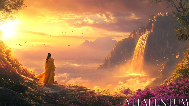 Solitary robed figure overlooking radiant golden waterfall.