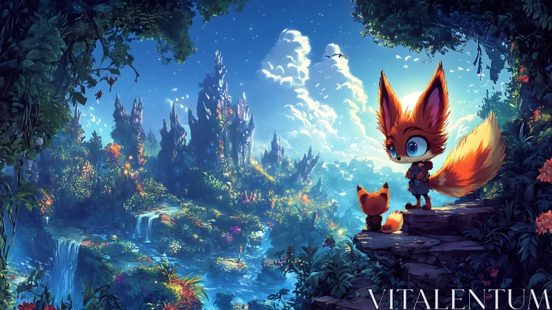 Fox explorers overlook glowing waterfalls in lush valley.