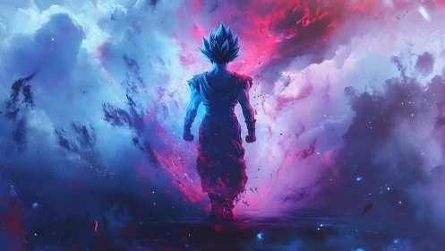 Cosmic warrior strides forward through swirling neon storms