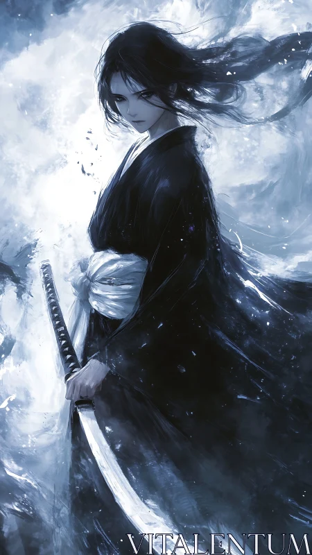 Silent storm samurai wrapped in moonlit swirling mist.