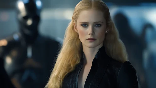Cinematic blonde heroine in black leather amid armored silhouettes.