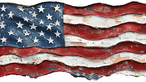 Textured American flag with distressed sculpted paint layers.