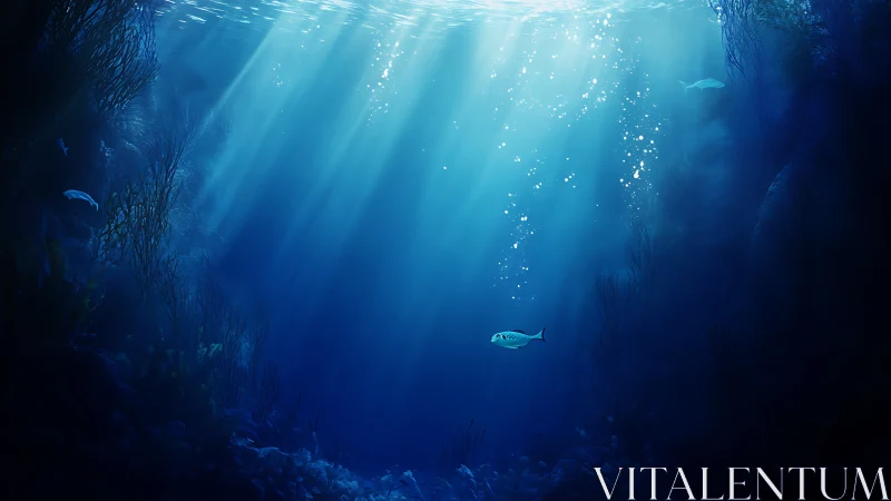 Soft sunbeams drift through a tranquil deep blue seascape