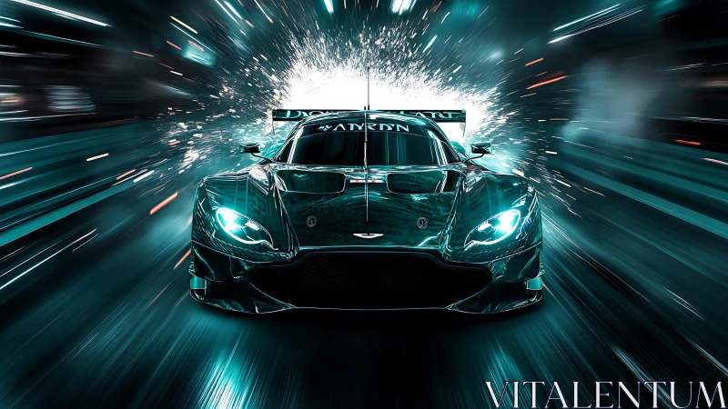 Cyberpunk race car frontal burst with radial motion trails.