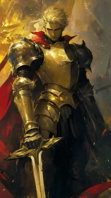 Golden armored knight with sword against abstract backdrop.