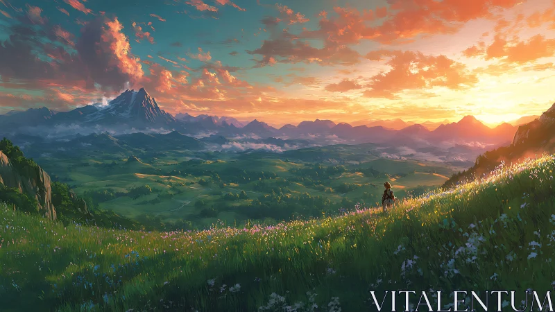 Character overlooks vast green valley at vivid sunset sky