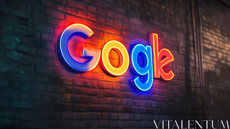 Illuminated multicolor Google logotype on brick wall surface.