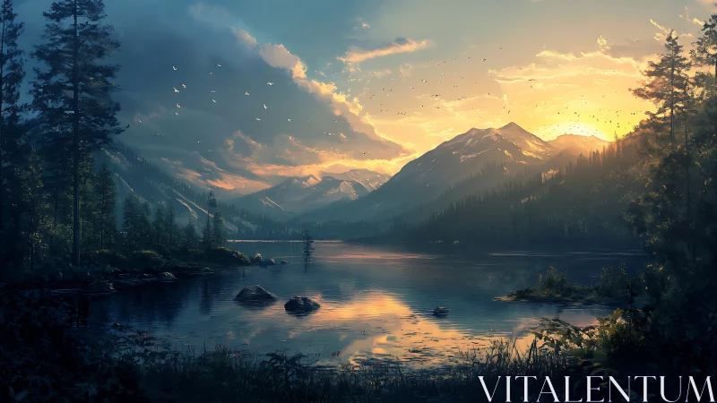 Algorithmic alpine lake horizon under volumetric sunset glow.