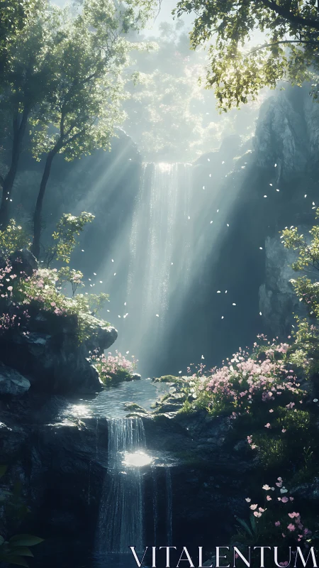 Sunlit forest waterfall among rocks and pink wildflowers.
