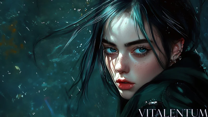 Cinematic digital portrait of teal haired girl in wet light