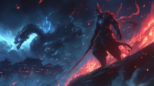 Armored samurai confronts spectral dragon in bifurcated firestorm.