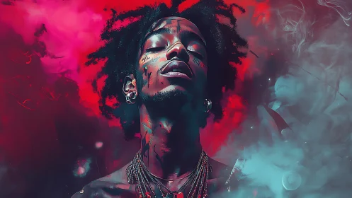 Portrait of ethereal figure in neon vapor haze