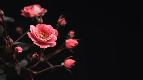 Pink roses with buds photographed against black background under controlled lighting