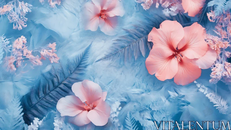Frosted Petals Dancing: Pink Blooms in Crystalline Blue Dreams
