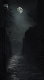 Moonlit alleyway with wet cobblestones and silhouetted walls