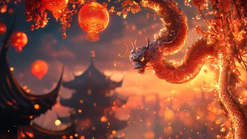 Red eastern dragon with lanterns over pagoda at dusk.