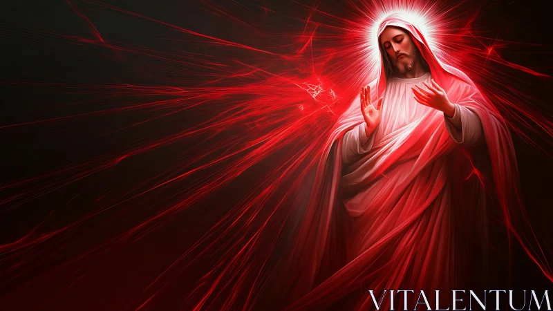 Radiant robed figure in red light with glowing halo aura.