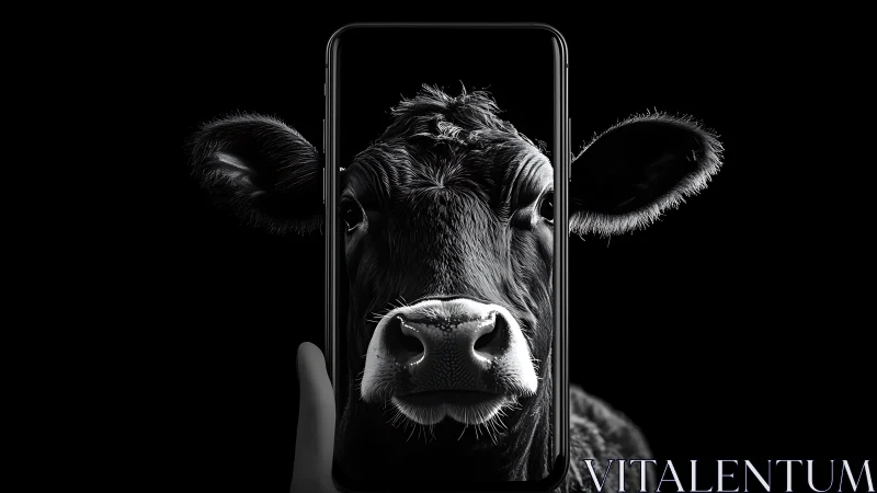 Curious cow gazes through a sleek smartphone window