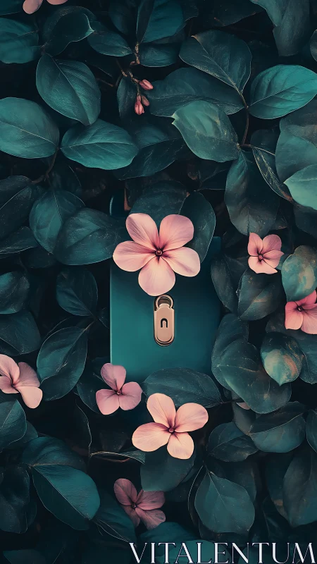 Smartphone with lock icon amid leaves and pink flowers.