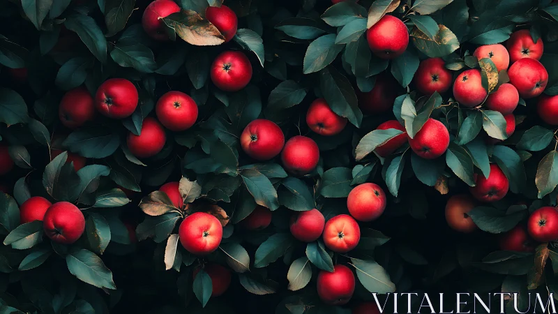 Ruby apples rest gently among deep, shadowed green leaves