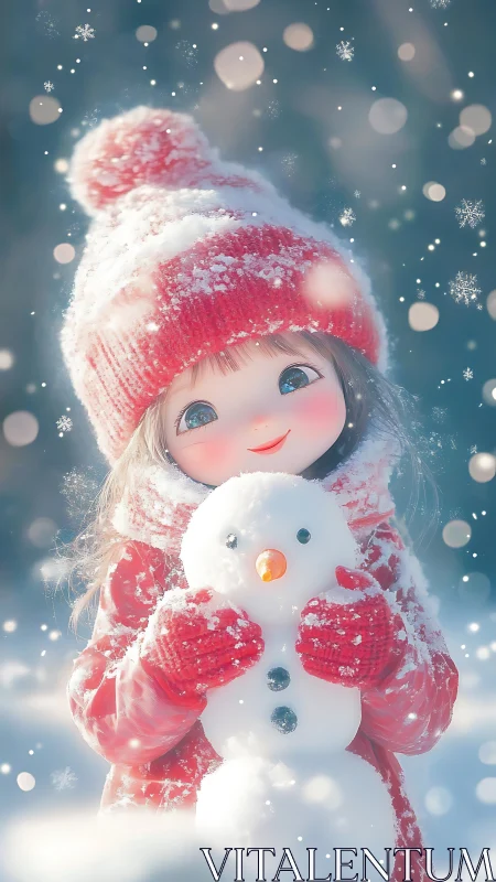 Snowy child in red coat hugging a tiny smiling snowman.