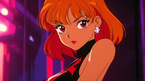 Retro anime portrait of red-haired woman in neon city bar