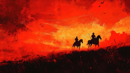 Silhouetted riders crossing ember-scorched prairie at dusk