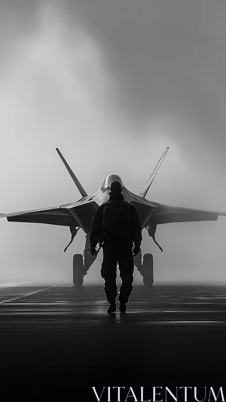 Pilot strides toward shadowed jet in swirling morning fog.