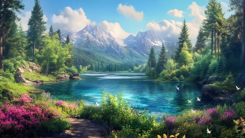 Luminous alpine lake beneath snowcapped peaks at sunrise.