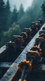 Rusty mountain gears resting quietly in the misty forest.