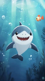 Cute cartoon baby shark swims underwater with fish.