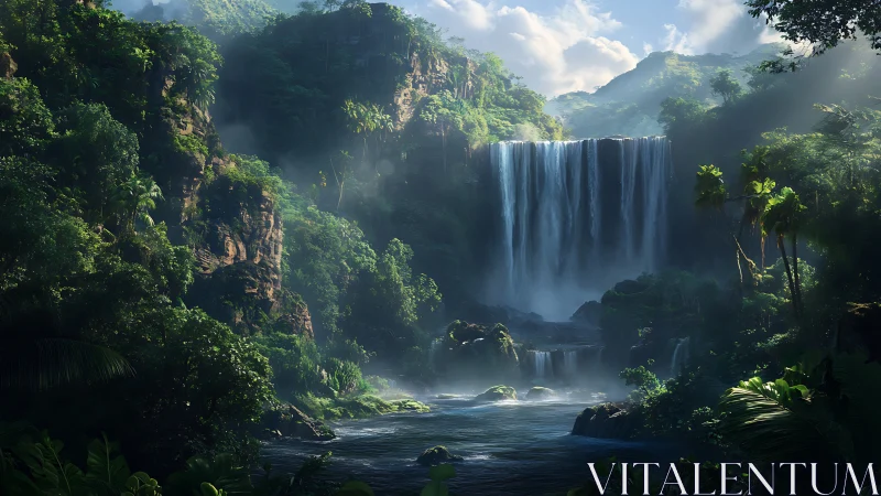 Verdant tiered waterfall in sunlit tropical canyon basin.